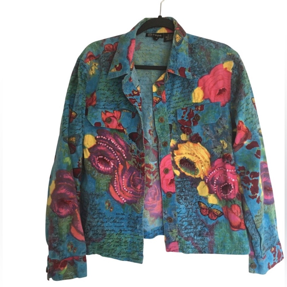 Floral Jacket Festival Boho Beaded Cotton Colourful Papa Sequin Art to Wear  M